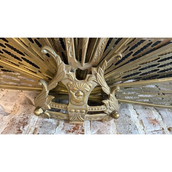 XL Vintage Art Deco Fireplace Screen Brass Ornate Peacock Folding Fan Rare 47" W - Picture 9 of 11